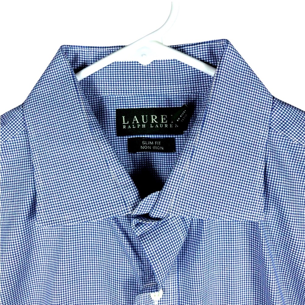 Ralph Lauren Mens Blue Gingham Slim Fit Non Iron Dress Shirt 17 34 35 - Picture 1 of 7